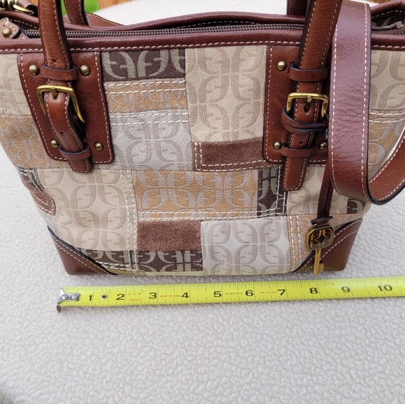 Fossil Signature Fabric Suede Patchwork Double Handle Satchel Crossbody Handbag - Picture 10 of 13